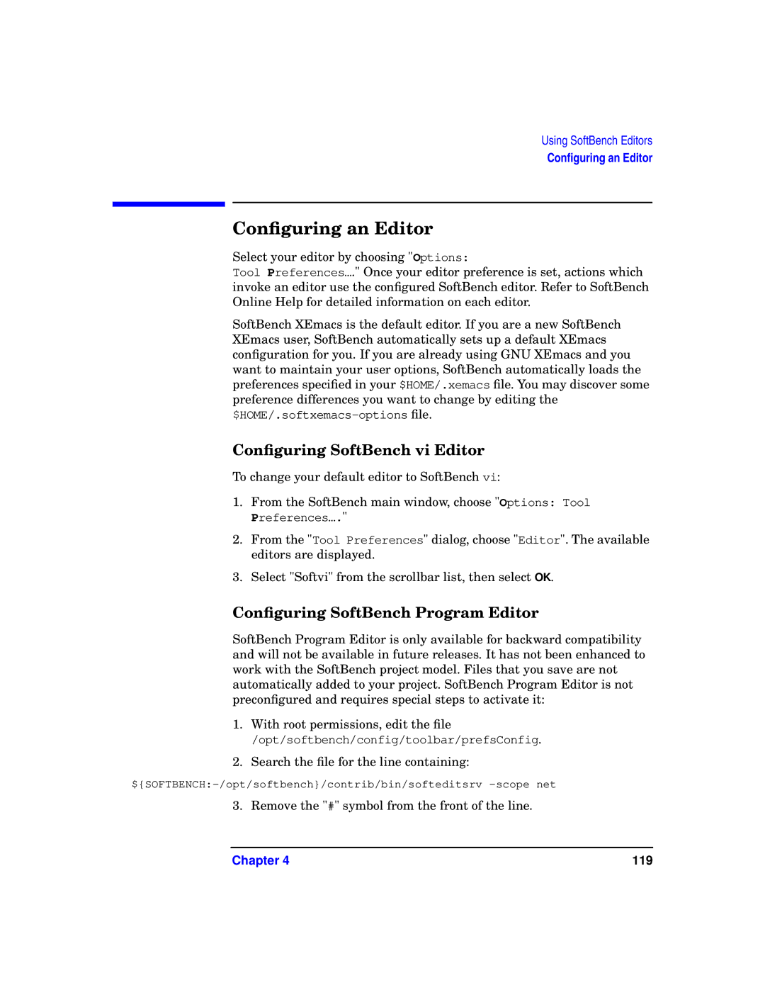 HP UX SoftBench Software manual Conﬁguring an Editor, Conﬁguring SoftBench vi Editor, Conﬁguring SoftBench Program Editor 