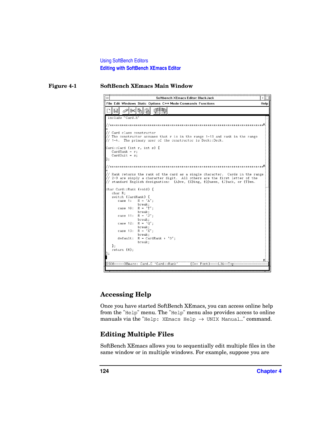 HP UX SoftBench Software manual Accessing Help, Editing Multiple Files, SoftBench XEmacs Main Window, 124 