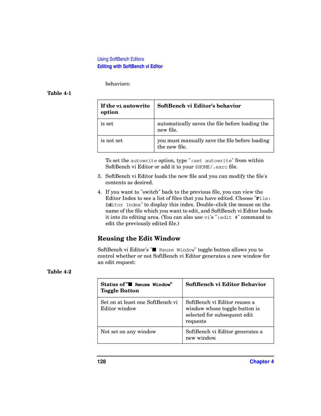 HP UX SoftBench Software manual Reusing the Edit Window, If the vi autowrite SoftBench vi Editors behavior Option, 128 