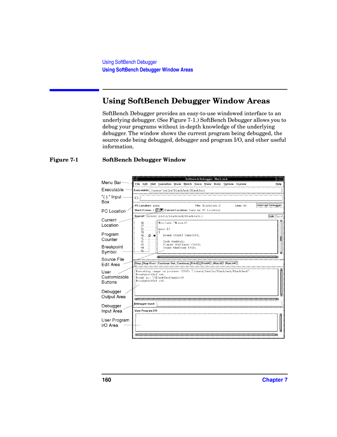 HP UX SoftBench Software manual Using SoftBench Debugger Window Areas, 160 