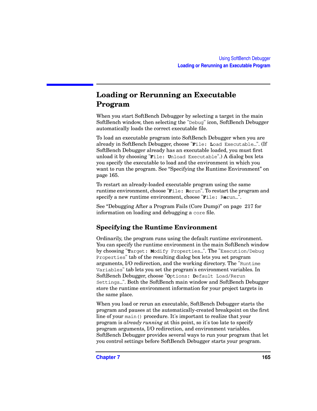 HP UX SoftBench Software manual Loading or Rerunning an Executable Program, Specifying the Runtime Environment 