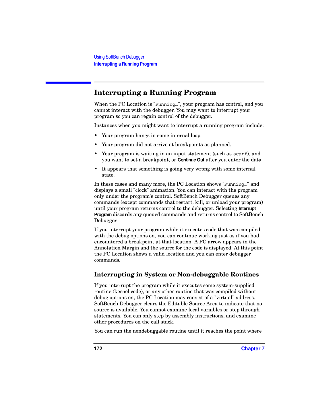 HP UX SoftBench Software manual Interrupting a Running Program, Interrupting in System or Non-debuggable Routines, 172 