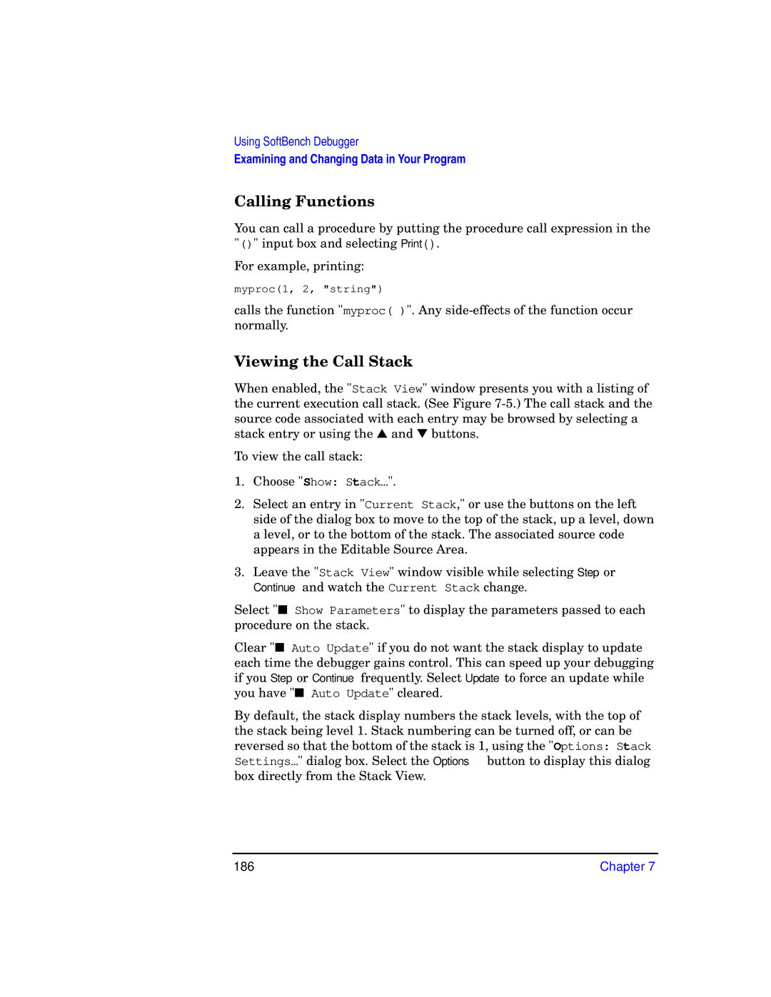 HP UX SoftBench Software manual Calling Functions, Viewing the Call Stack, 186 