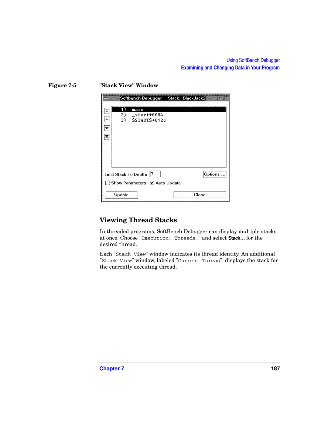 HP UX SoftBench Software manual Viewing Thread Stacks, Stack View Window 