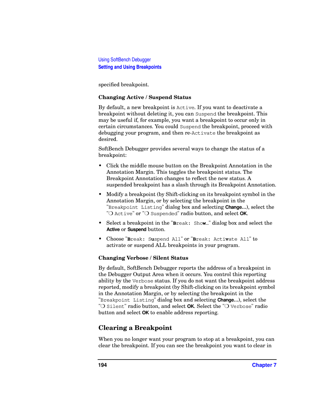 HP UX SoftBench Software Clearing a Breakpoint, Changing Active / Suspend Status, Changing Verbose / Silent Status, 194 