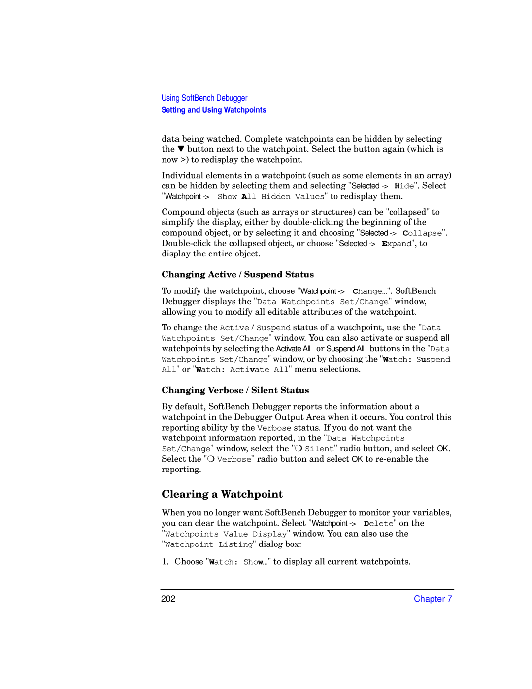 HP UX SoftBench Software manual Clearing a Watchpoint, 202 