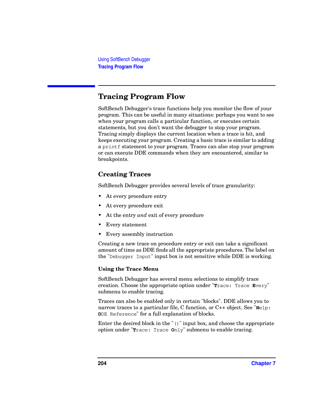 HP UX SoftBench Software manual Tracing Program Flow, Creating Traces, Using the Trace Menu, 204 