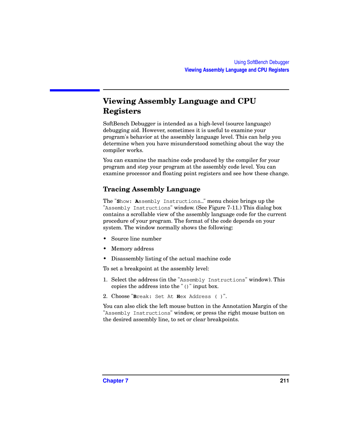 HP UX SoftBench Software manual Viewing Assembly Language and CPU Registers, Tracing Assembly Language 