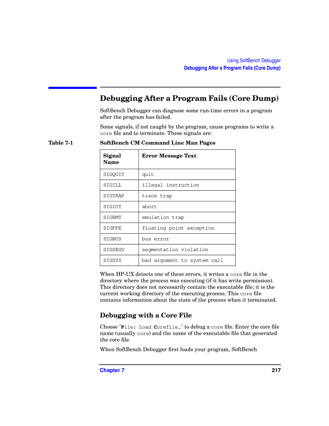 HP UX SoftBench Software manual Debugging After a Program Fails Core Dump, Debugging with a Core File 