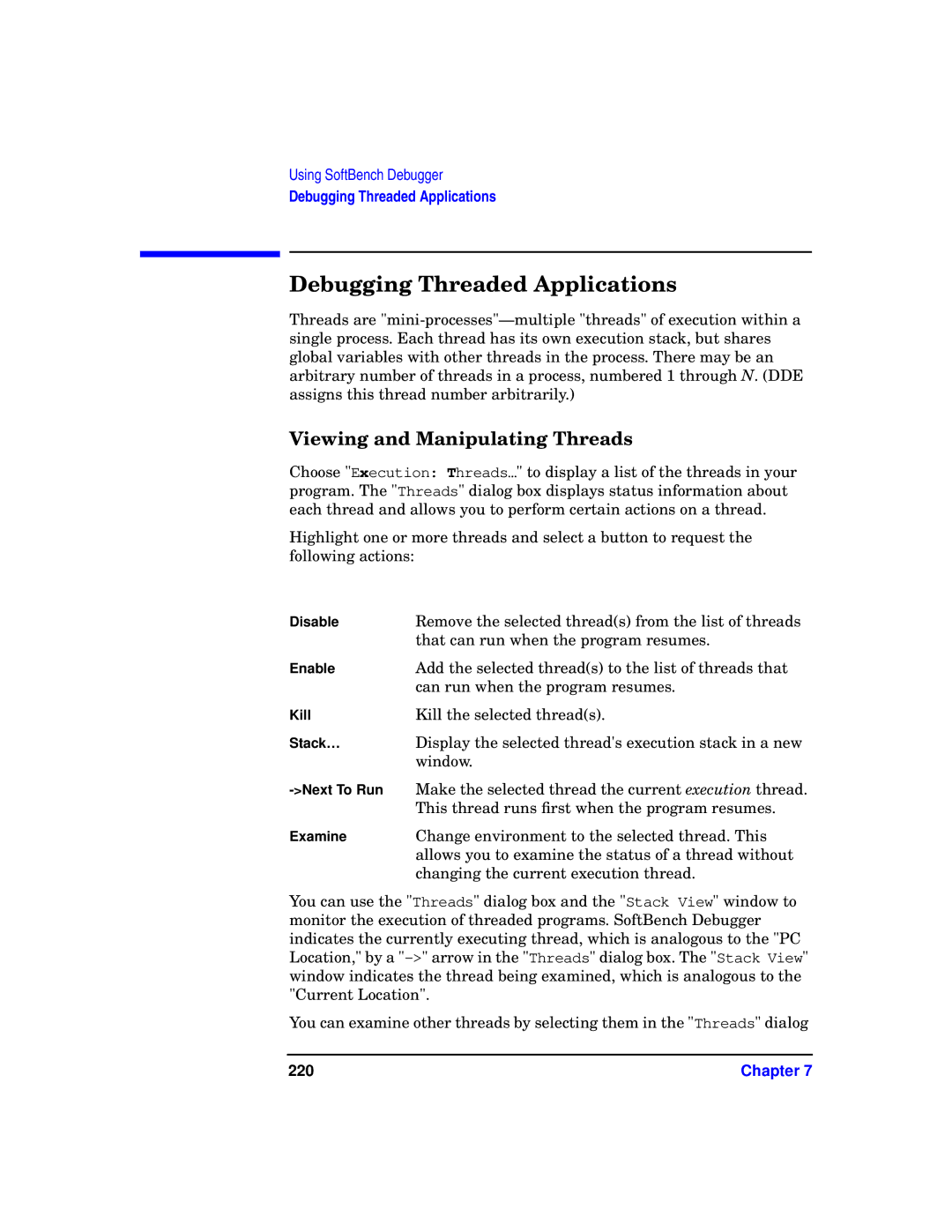 HP UX SoftBench Software manual Debugging Threaded Applications, Viewing and Manipulating Threads, 220 