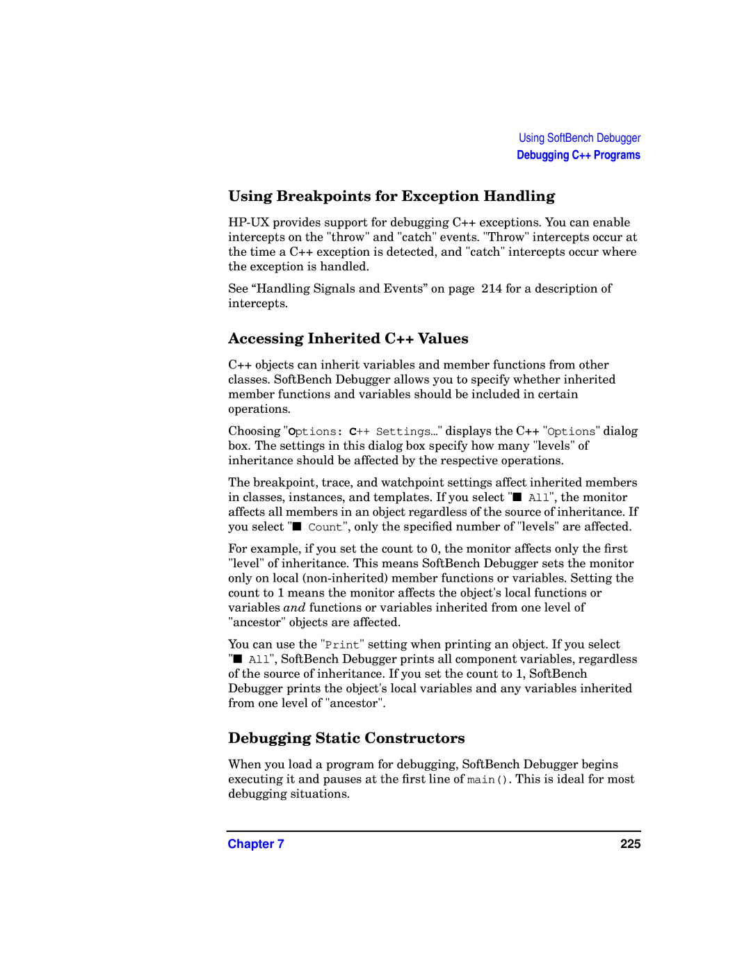 HP UX SoftBench Software manual Using Breakpoints for Exception Handling, Accessing Inherited C++ Values 