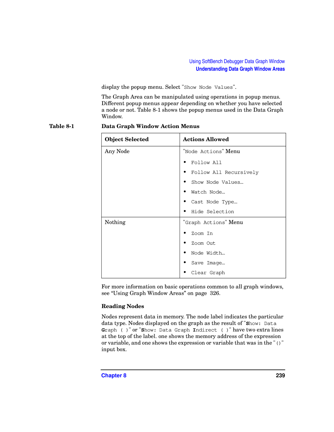 HP UX SoftBench Software manual Data Graph Window Action Menus, Object Selected Actions Allowed, Reading Nodes 