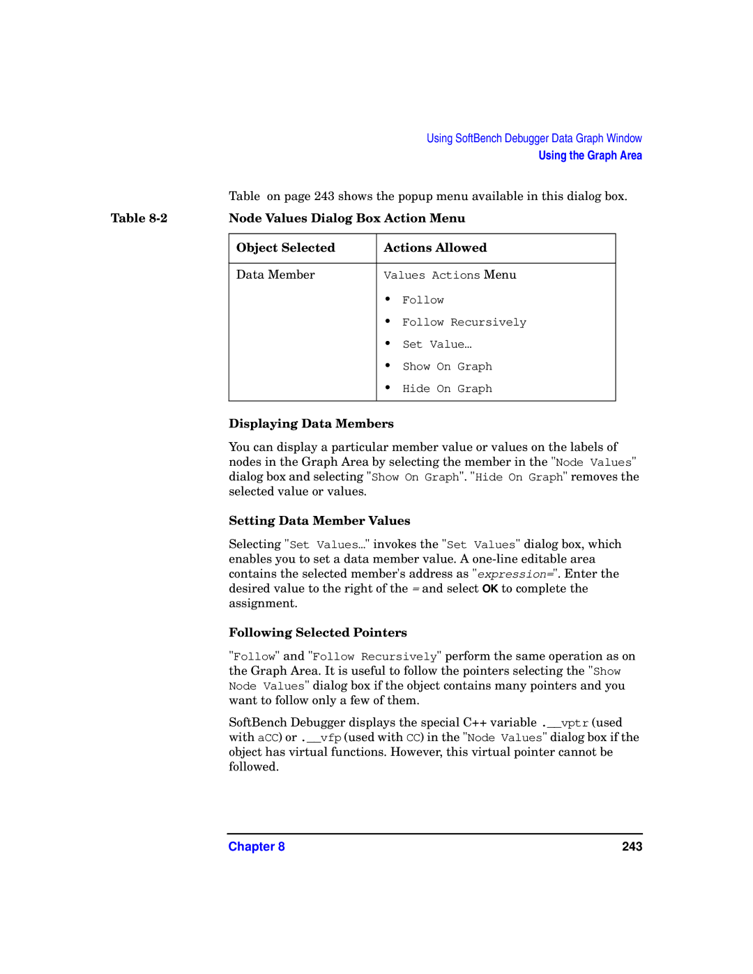 HP UX SoftBench Software manual Node Values Dialog Box Action Menu, Displaying Data Members, Setting Data Member Values 