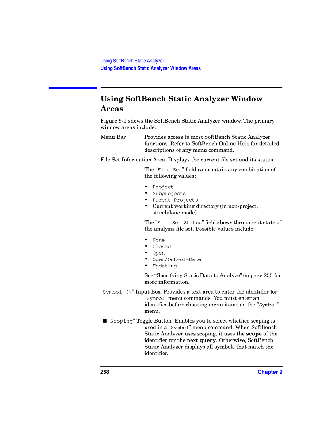 HP UX SoftBench Software manual Using SoftBench Static Analyzer Window Areas, 258 