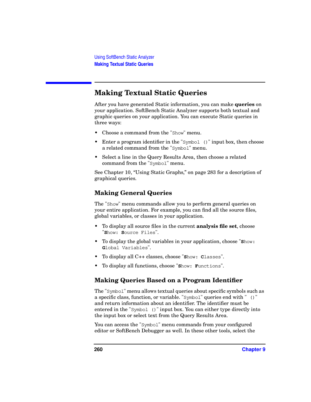 HP UX SoftBench Software manual Making Textual Static Queries, Making General Queries, 260 