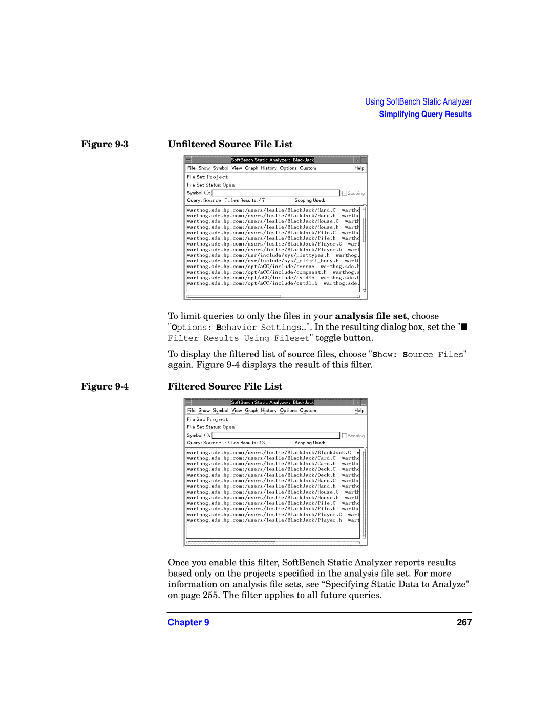 HP UX SoftBench Software manual Unﬁltered Source File List, Filtered Source File List 