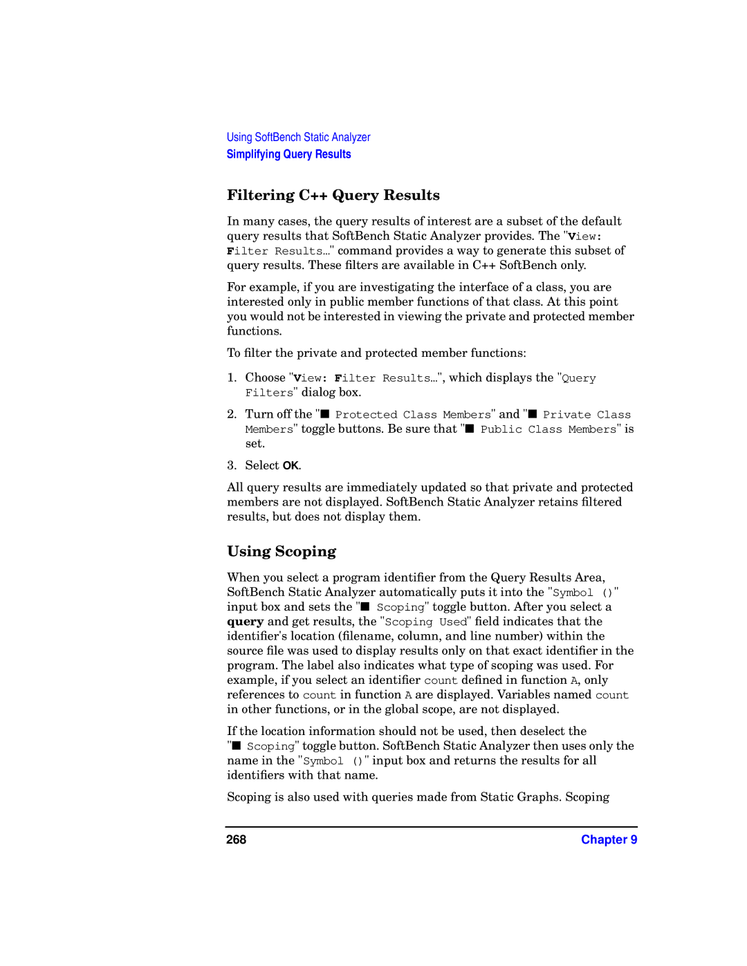 HP UX SoftBench Software manual Filtering C++ Query Results, Using Scoping, 268 