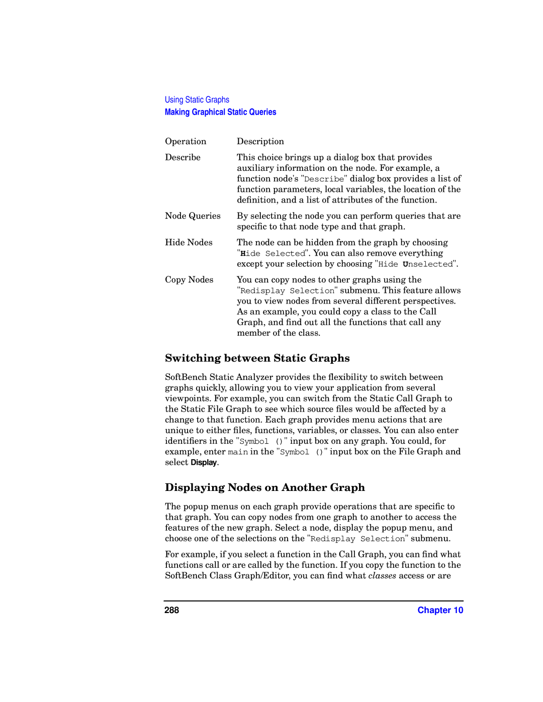 HP UX SoftBench Software manual Switching between Static Graphs, Displaying Nodes on Another Graph, 288 