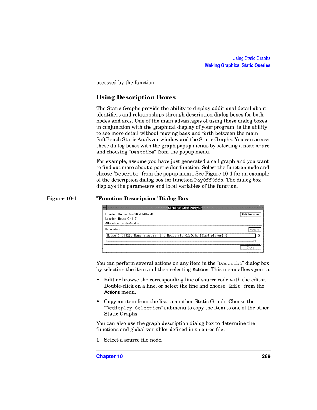 HP UX SoftBench Software manual Using Description Boxes, Function Description Dialog Box 