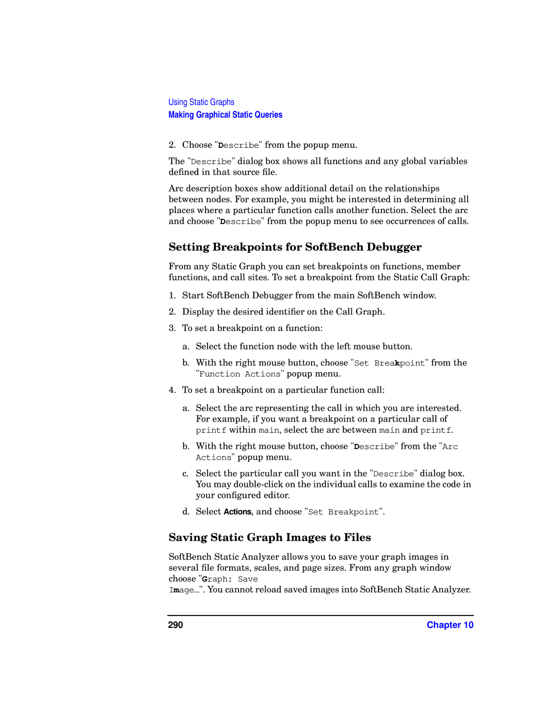 HP UX SoftBench Software manual Setting Breakpoints for SoftBench Debugger, Saving Static Graph Images to Files, 290 