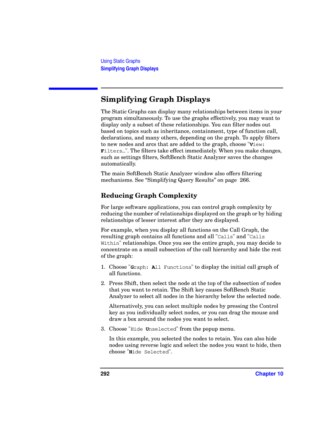 HP UX SoftBench Software manual Simplifying Graph Displays, Reducing Graph Complexity, 292 