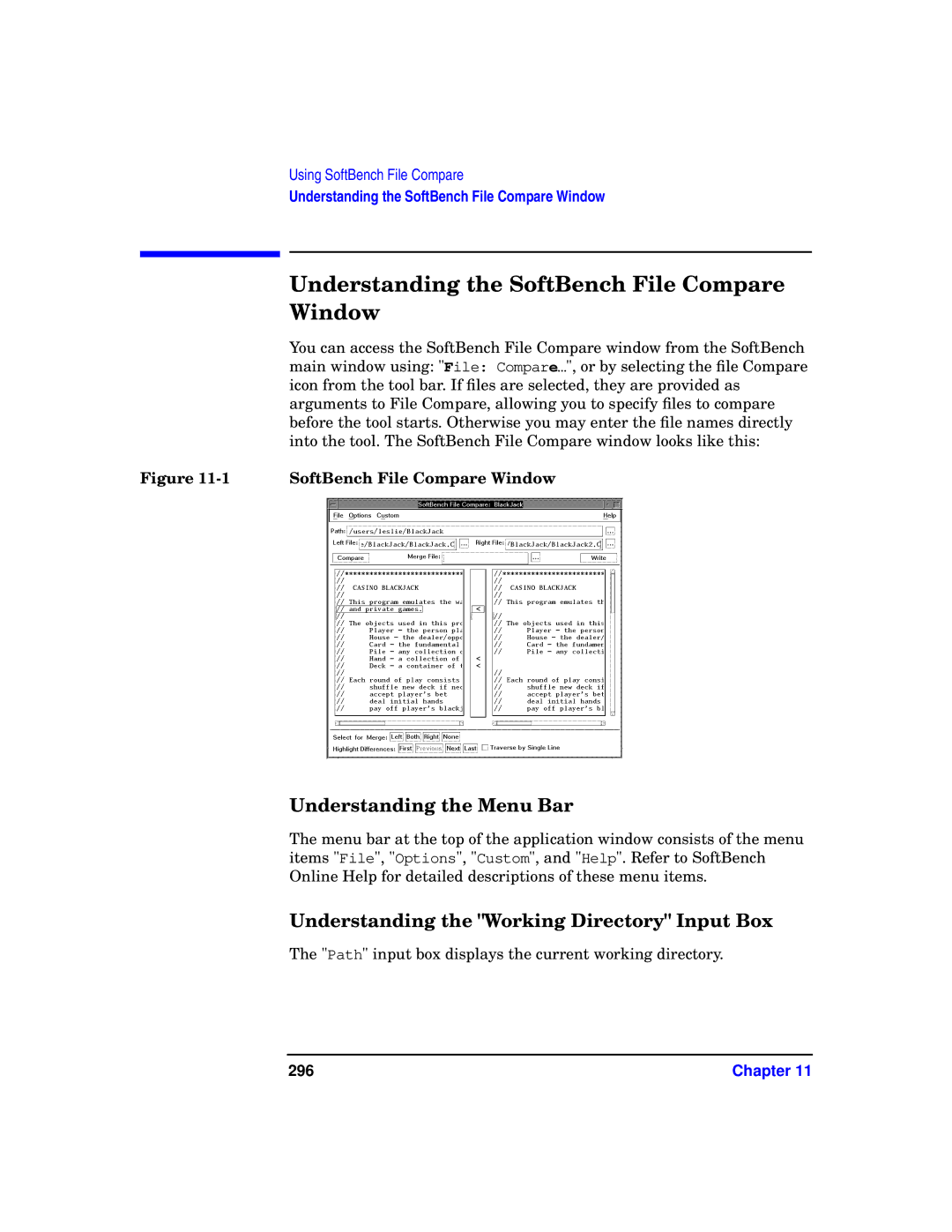 HP UX SoftBench Software manual Understanding the SoftBench File Compare Window, Understanding the Menu Bar, 296 