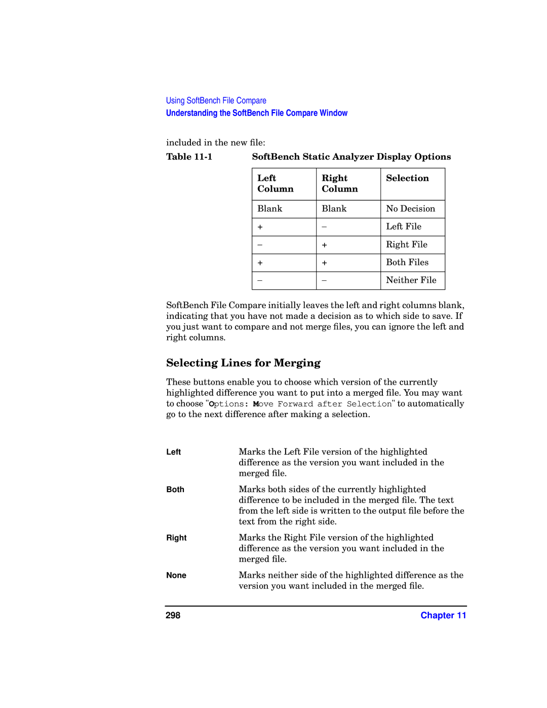 HP UX SoftBench Software manual Selecting Lines for Merging, Left Right Selection Column, 298 