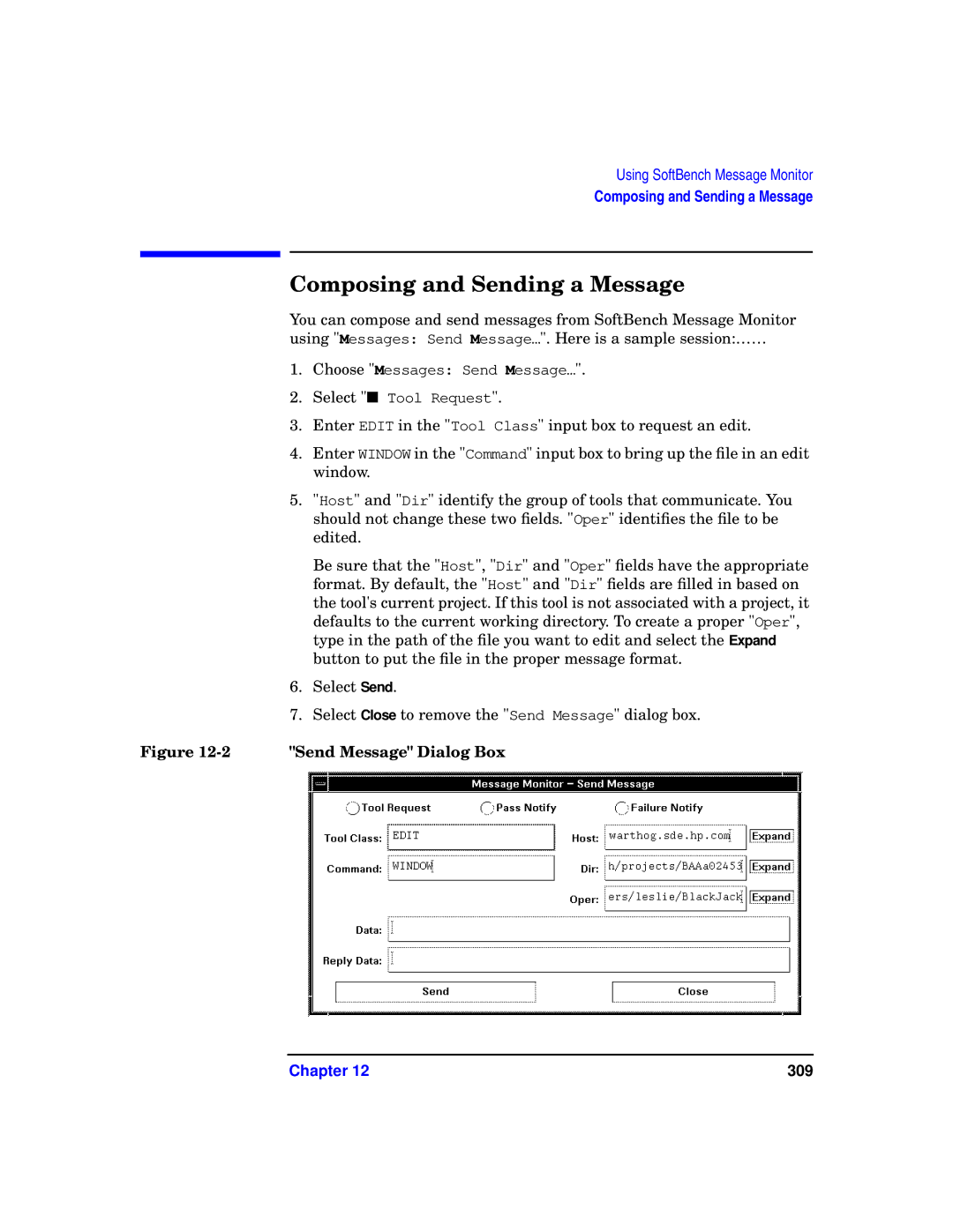 HP UX SoftBench Software manual Composing and Sending a Message, Send Message Dialog Box 