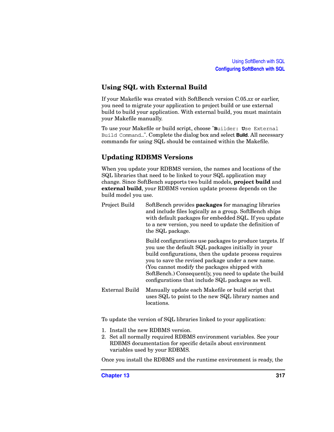 HP UX SoftBench Software manual Using SQL with External Build, Updating Rdbms Versions 