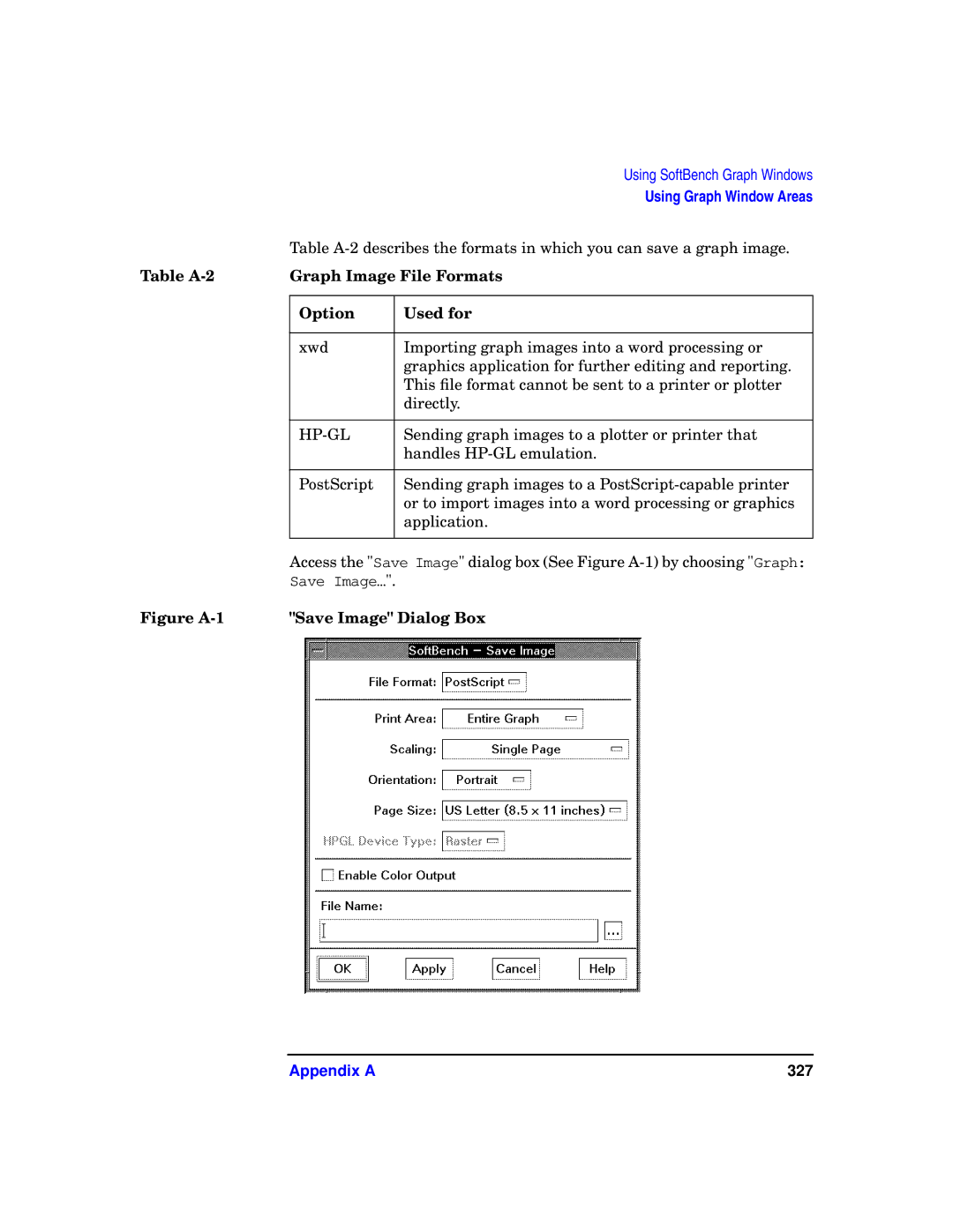 HP UX SoftBench Software manual Table A-2 Graph Image File Formats Option Used for, Figure A-1 Save Image Dialog Box 