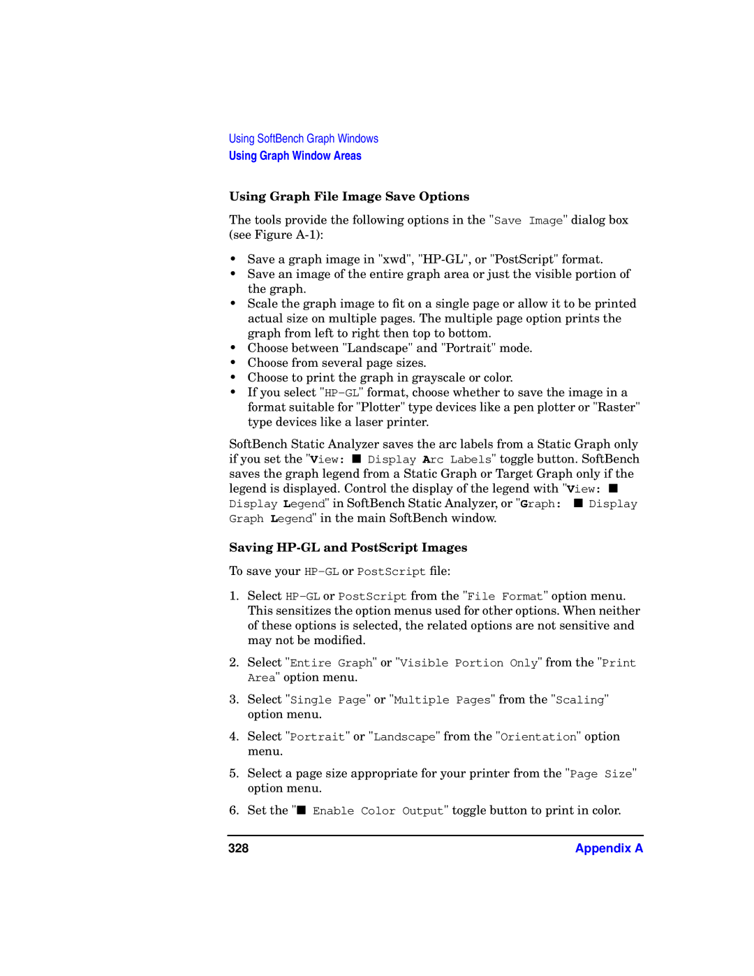 HP UX SoftBench Software manual Using Graph File Image Save Options, Saving HP-GL and PostScript Images, 328 