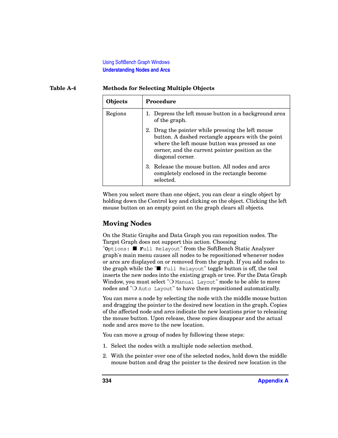 HP UX SoftBench Software manual Moving Nodes, Table A-4 Methods for Selecting Multiple Objects Procedure, 334 