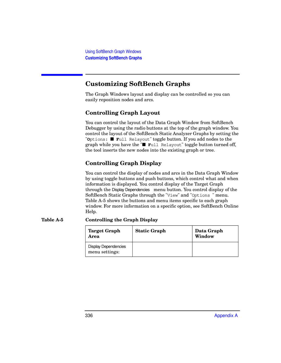 HP UX SoftBench Software Customizing SoftBench Graphs, Controlling Graph Layout, Controlling Graph Display, Menu settings 