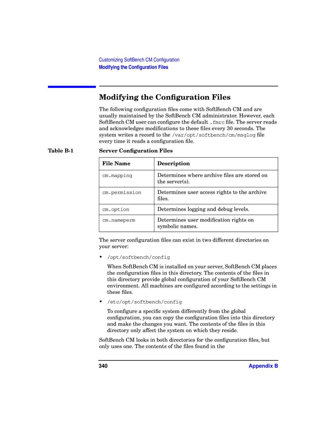 HP UX SoftBench Software Modifying the Conﬁguration Files, Table B-1 Server Conﬁguration Files File Name Description, 340 