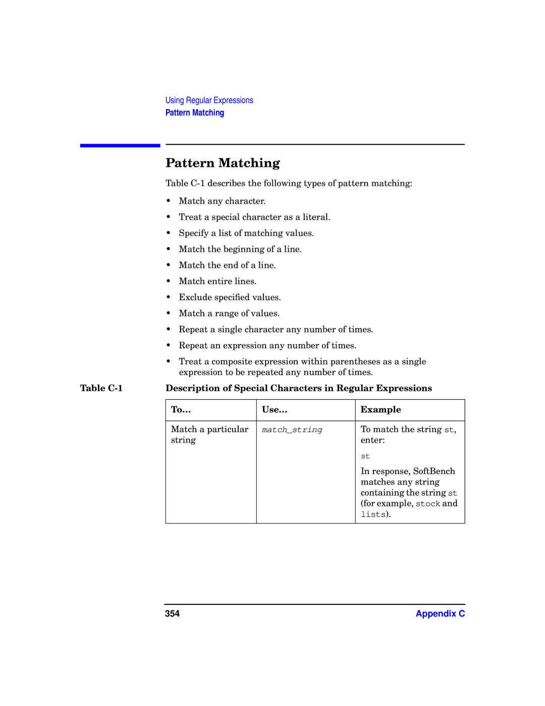 HP UX SoftBench Software manual Pattern Matching, 354 