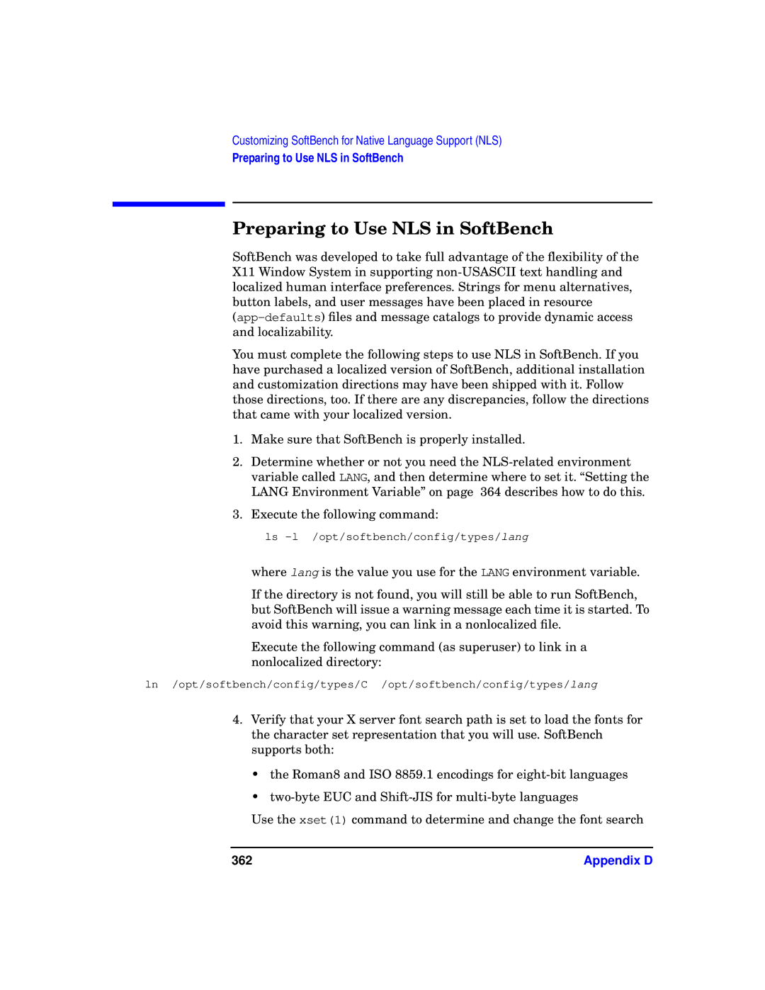 HP UX SoftBench Software manual Preparing to Use NLS in SoftBench, 362 