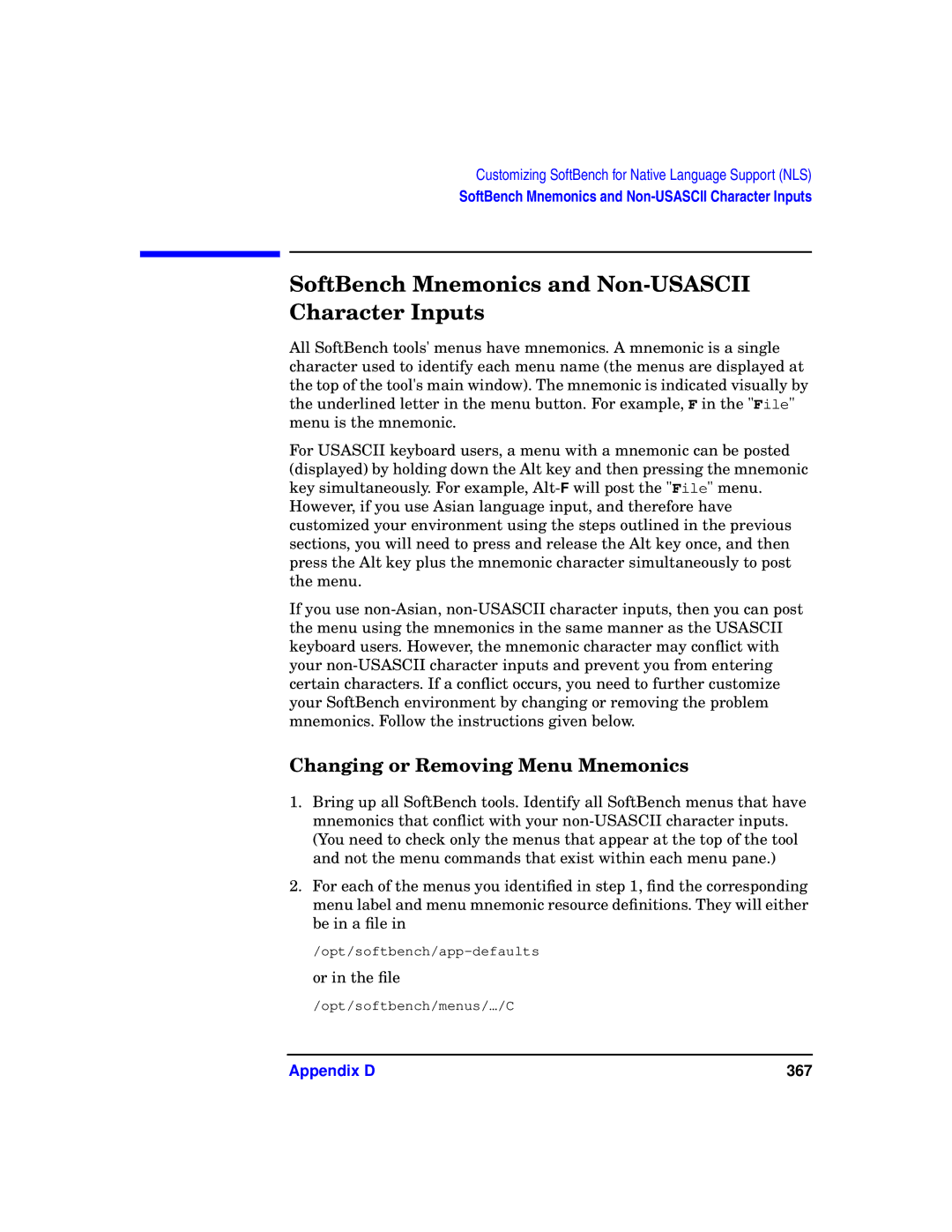 HP UX SoftBench Software manual SoftBench Mnemonics and Non-USASCII Character Inputs, Changing or Removing Menu Mnemonics 