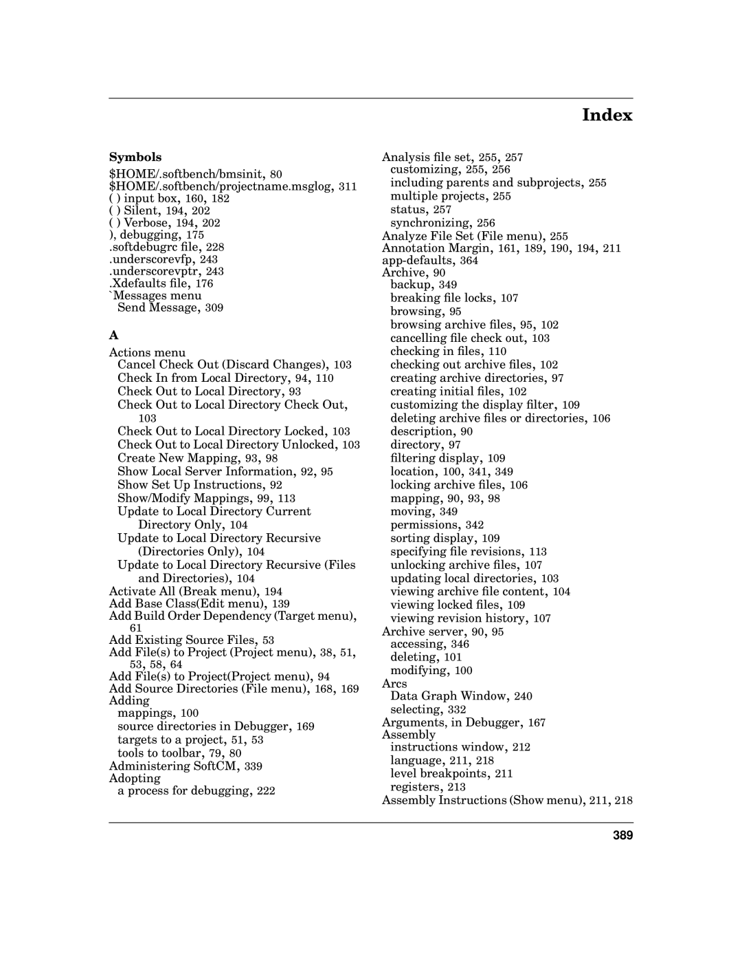 HP UX SoftBench Software manual Index, Symbols, 389 