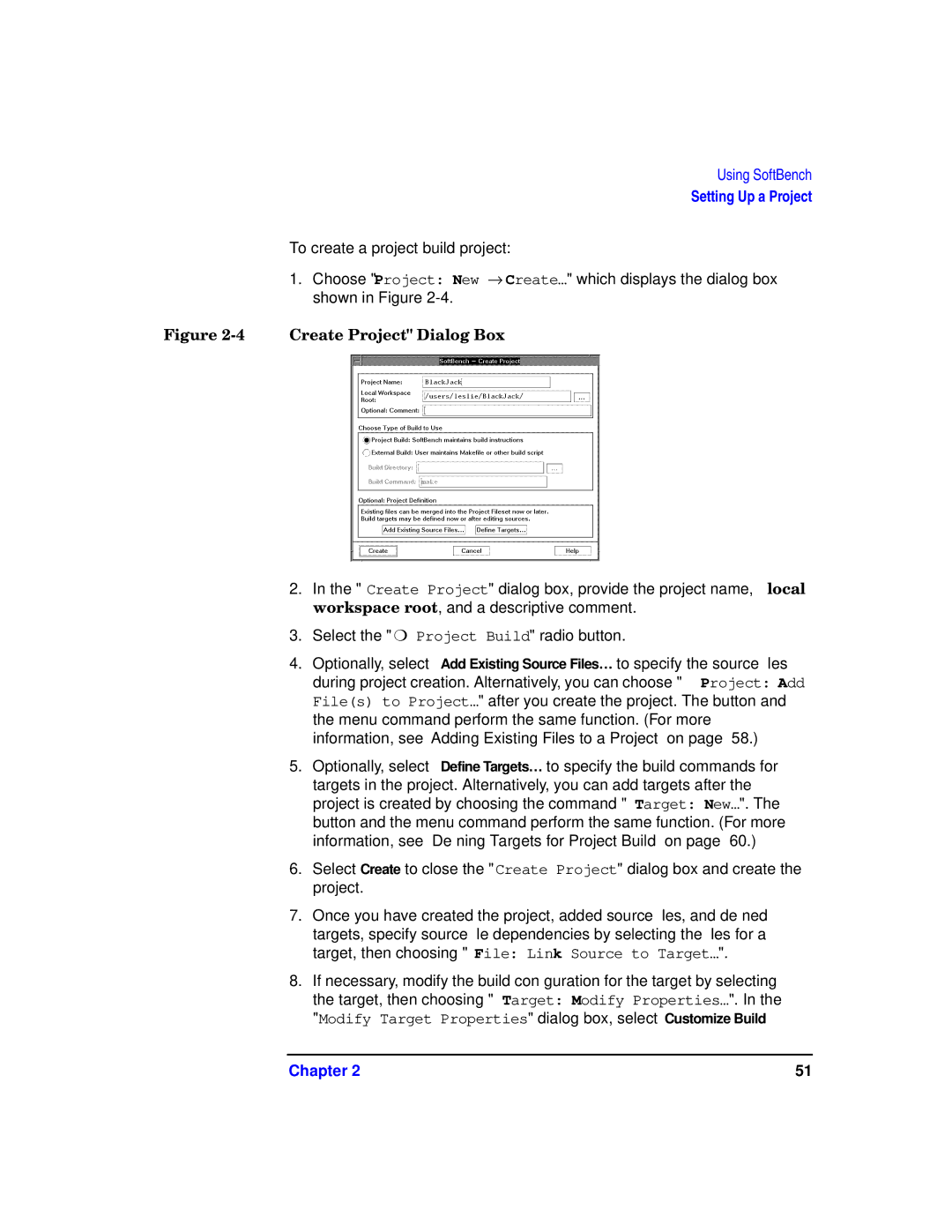 HP UX SoftBench Software manual Create Project Dialog Box 