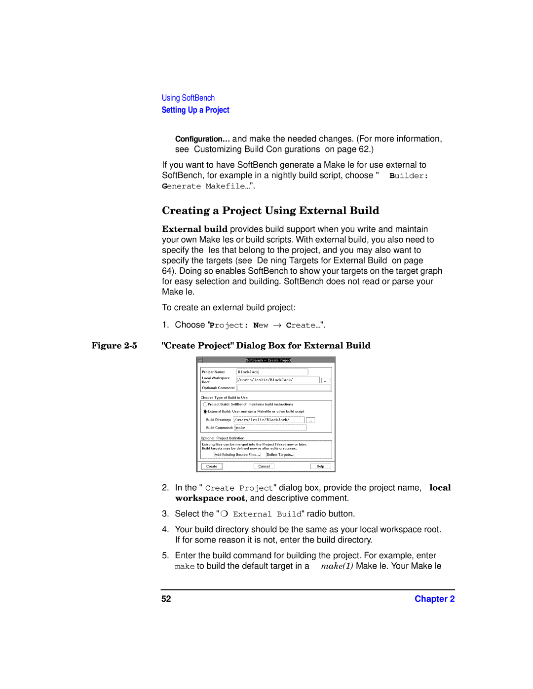 HP UX SoftBench Software manual Creating a Project Using External Build, Create Project Dialog Box for External Build 