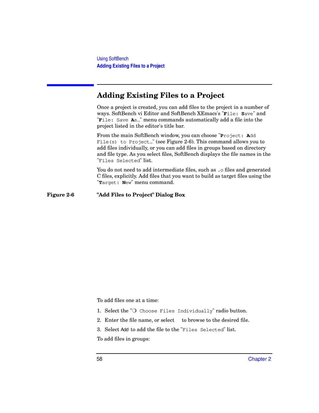 HP UX SoftBench Software manual Adding Existing Files to a Project, Add Files to Project Dialog Box 