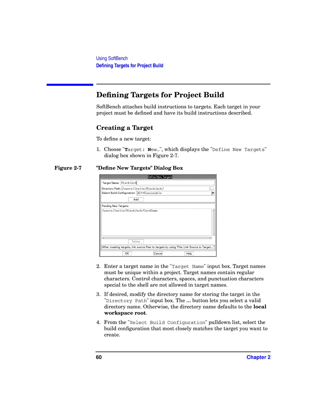 HP UX SoftBench Software manual Deﬁning Targets for Project Build, Creating a Target 