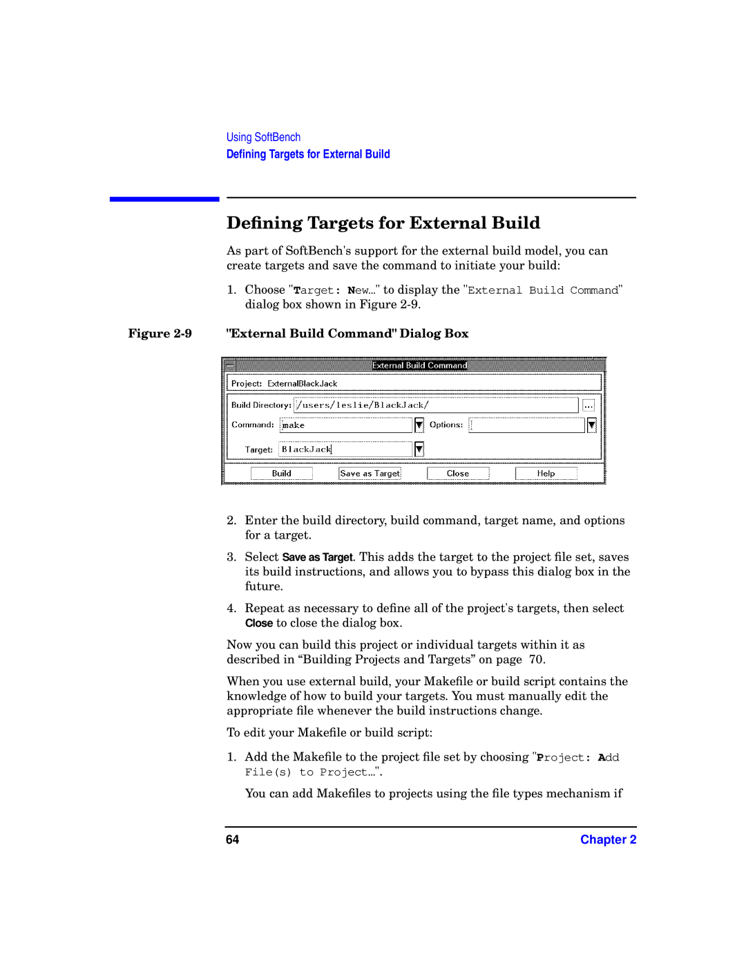 HP UX SoftBench Software manual Deﬁning Targets for External Build, External Build Command Dialog Box 