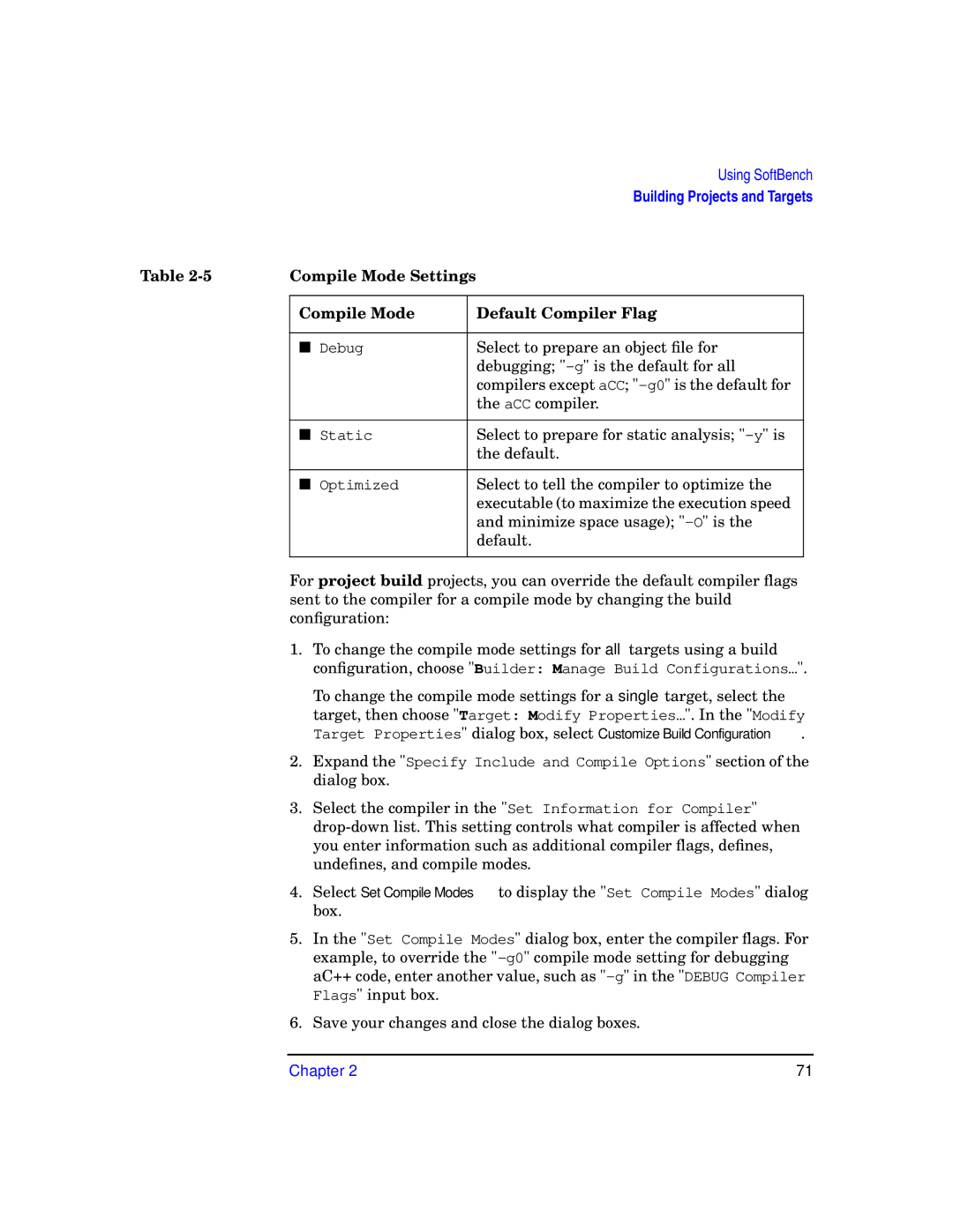 HP UX SoftBench Software manual Compile Mode Settings Default Compiler Flag 