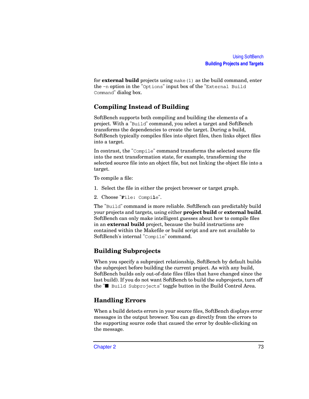 HP UX SoftBench Software manual Compiling Instead of Building, Building Subprojects, Handling Errors 