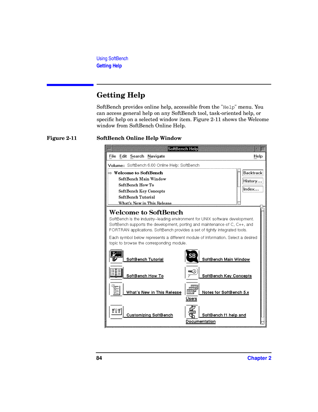 HP UX SoftBench Software manual Getting Help, SoftBench Online Help Window 