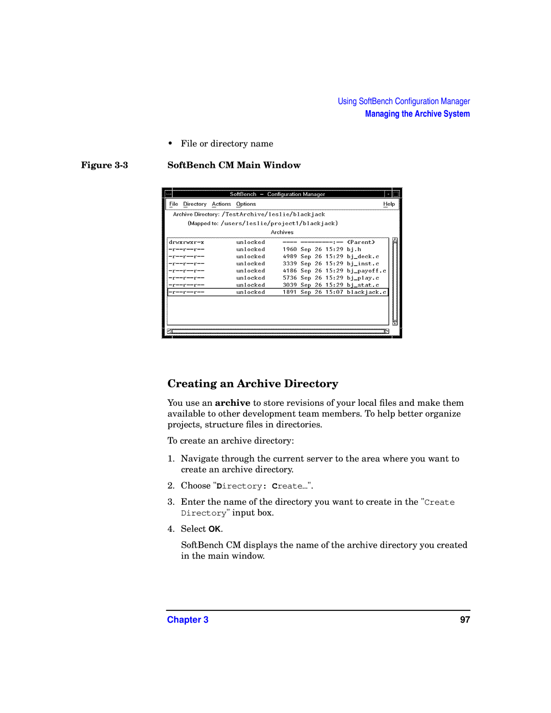 HP UX SoftBench Software manual Creating an Archive Directory, File or directory name, SoftBench CM Main Window 