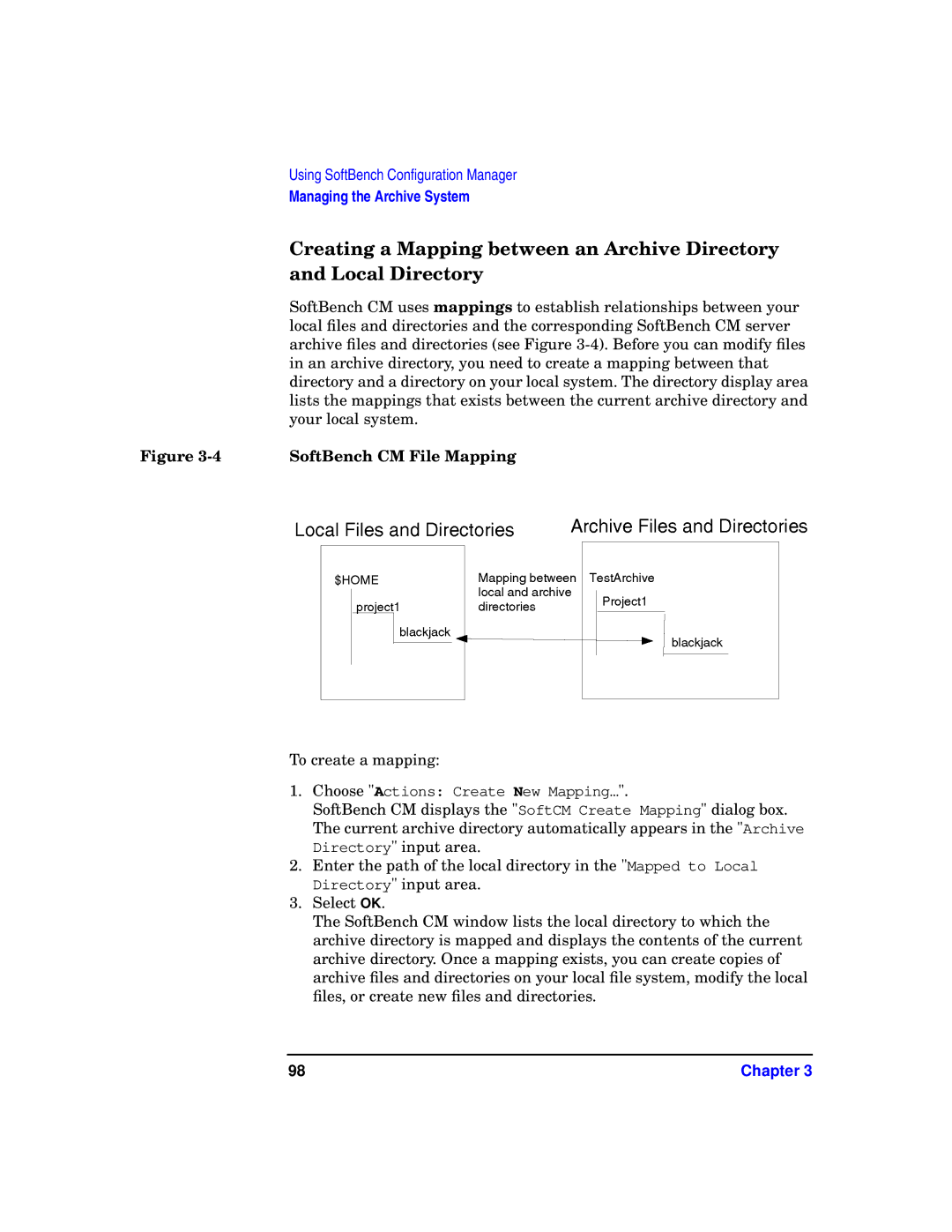 HP UX SoftBench Software manual Creating a Mapping between an Archive Directory, Local Directory, SoftBench CM File Mapping 