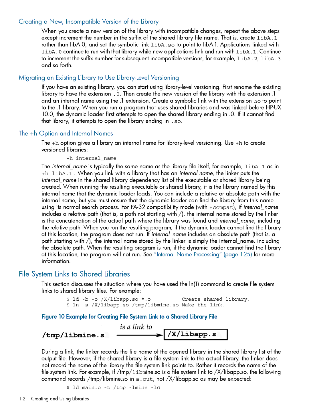 HP UX Software Transition Kit (STK) manual File System Links to Shared Libraries, +h Option and Internal Names 