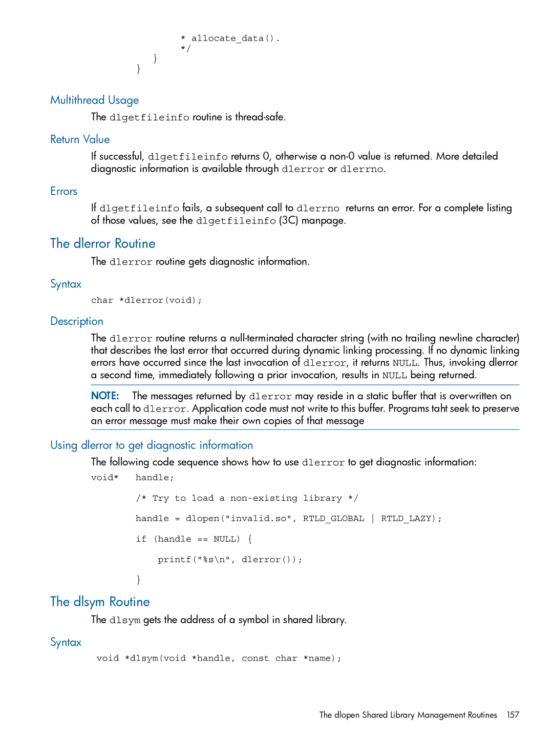 HP UX Software Transition Kit (STK) manual Dlerror Routine, Dlsym Routine, Using dlerror to get diagnostic information 